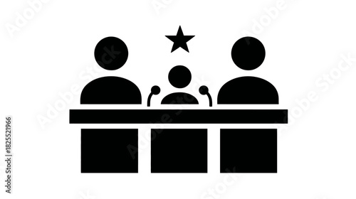 Judges Panel Icon with Star. Jury, court, law, expert discussion, public hearing, or formal presentation symbol.