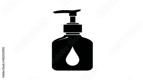Black pump dispenser bottle icon with liquid drop. Vector silhouette for soap, lotion, sanitizer, cosmetic, hygiene, or beauty products.