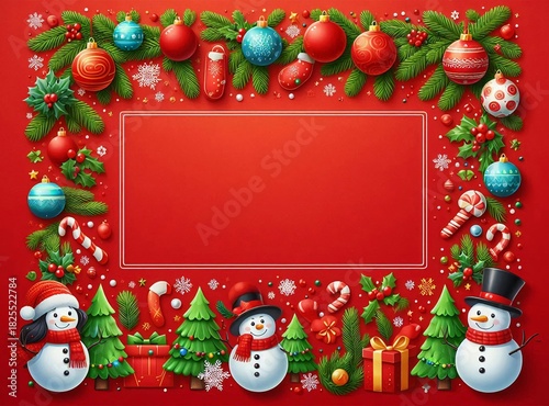 3D Christmas wreath frame featuring cheerful snowmen, candy canes, and colorful baubles against a bright red background