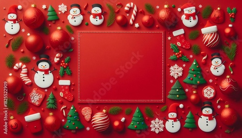 3D Christmas wreath frame featuring cheerful snowmen, candy canes, and colorful baubles against a bright red background