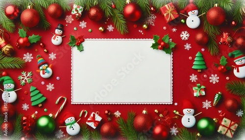 3D Christmas wreath frame featuring cheerful snowmen, candy canes, and colorful baubles against a bright red background