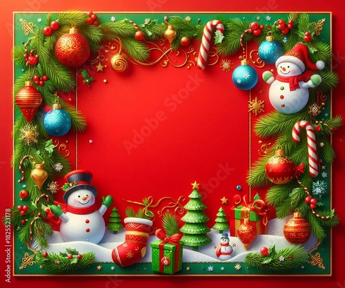 3D Christmas wreath frame featuring cheerful snowmen, candy canes, and colorful baubles against a bright red background