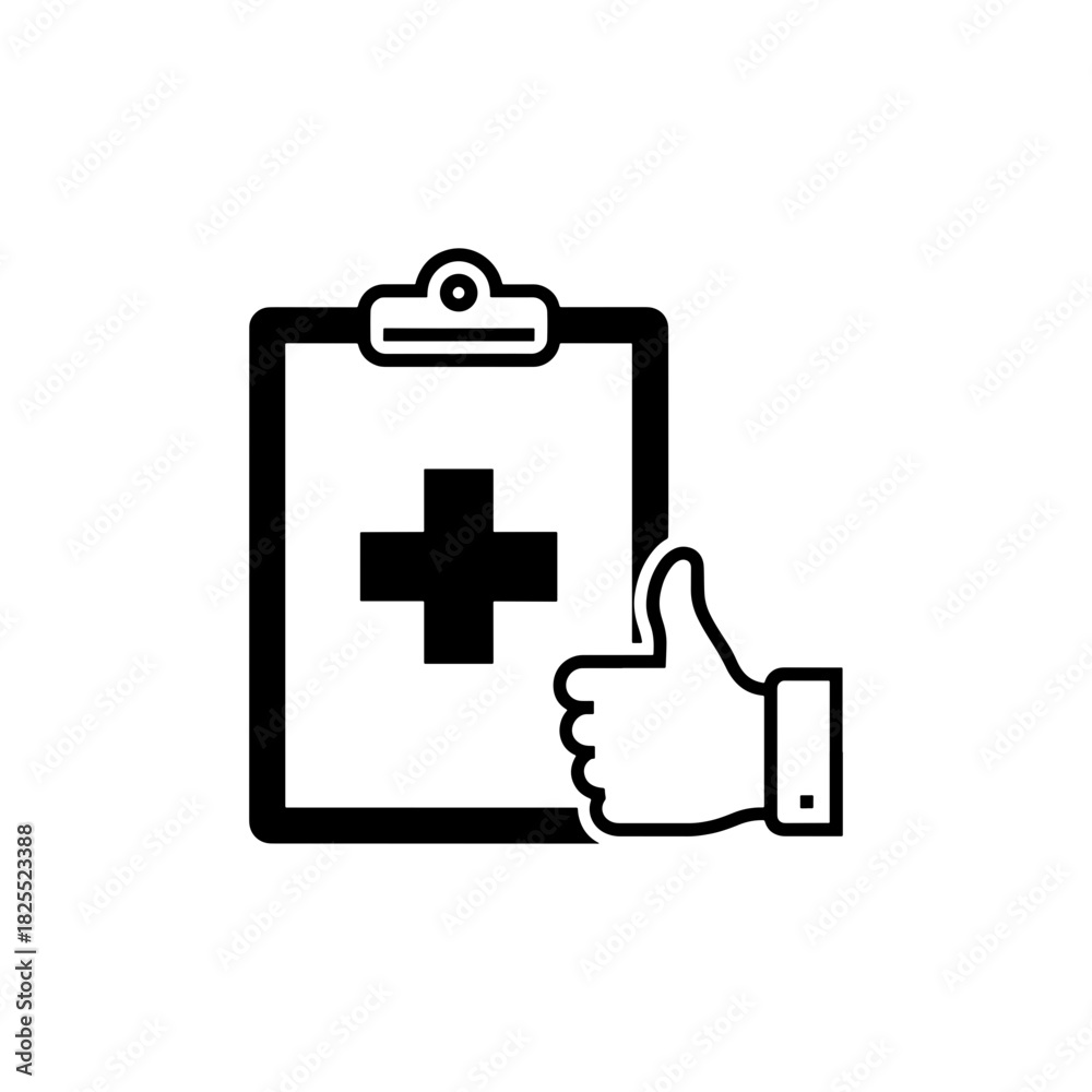 Fototapeta premium Medical approval icon with clipboard and thumbs up: Health check complete, verified and safe, perfect for healthcare apps and websites, originally scalable vector