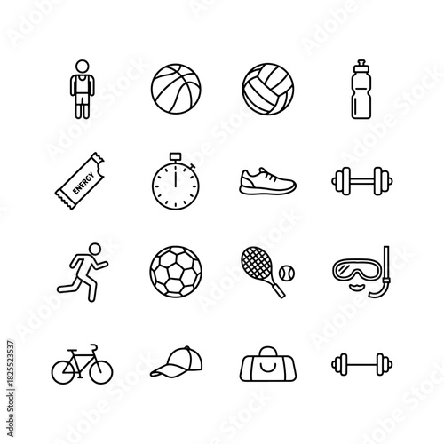 Dynamic fitness icons for active lifestyle brand, vector sports equipment and athlete outline, create motivational graphics for wellness campaign