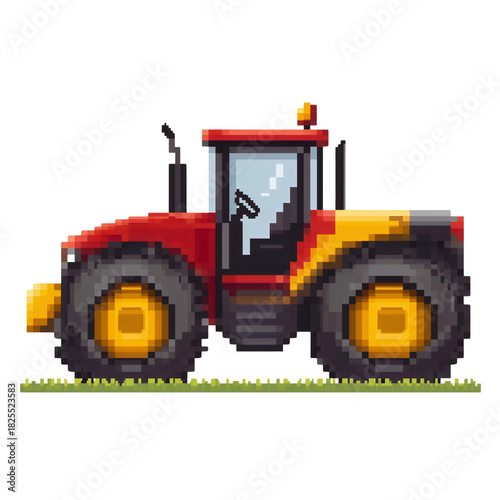Red farm tractor pixel art, agriculture machinery 8bit illustration, retro heavy equipment vector icon, rural farming vehicle isolated