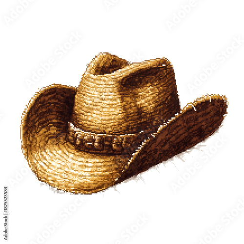 Straw cowboy hat sketch, woven brown western illustration, vintage vector art drawing, retro country fashion accessory isolated