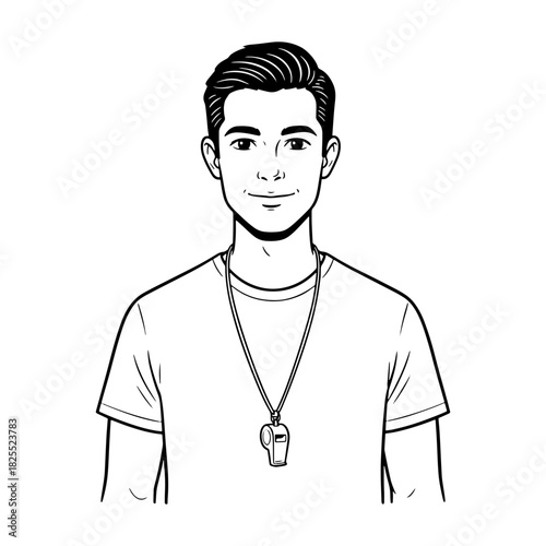 Friendly young man wearing a whistle, ready to coach or train, a modern leader, motivational speaker, fitness instructor, vector illustration