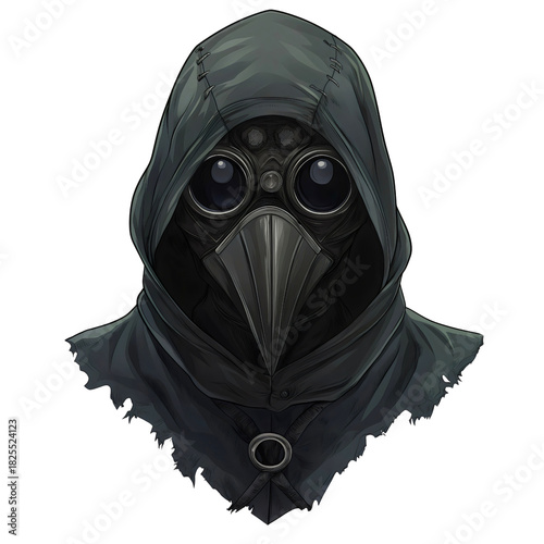 Plague doctor mask illustration, steampunk gothic horror character, black raven beak and cloak vector, medieval epidemic fantasy avatar isolated