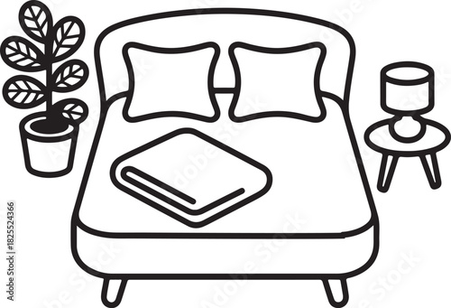 Bedroom line drawing layout with bed, pillows, lamp and plant vector illustration