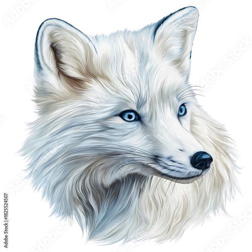 White arctic fox animal portrait, fluffy fur cute blue eyes illustration, cold winter wildlife predator, beautiful vector species drawing isolated
