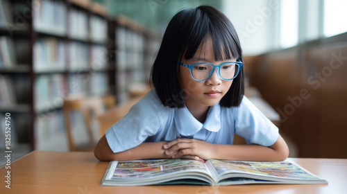 Young Asian girl with glasses is deeply engaged in reading a colorful comic book at a library table, surrounded by shelves filled with books, showcasing her love for storytelling