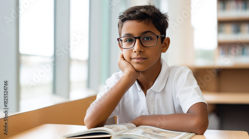 Indian boy wearing glasses is sitting at a library table, thoughtfully reading a book with shelves of books in the background, showcasing a studious atmosphere and focus on learning