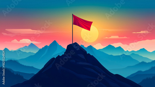 Red flag on mountain peak, success achievement goal symbol, climbing adventure business concept, night sky landscape vector illustration