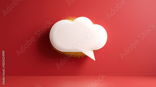 3D illustration of a white speech bubble with a pointed tail, set against a vibrant red background, creating a striking visual for communication and expression concepts