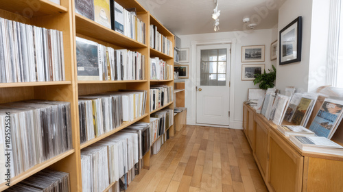 Cozy interior of a modern library featuring wooden shelves filled with various books and magazines, inviting atmosphere for reading and exploration of knowledge
