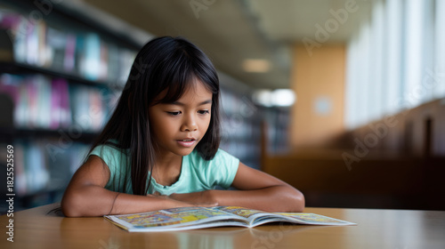 Young girl with long black hair is deeply engaged in reading a colorful comic book at a library table, surrounded by shelves filled with books, showcasing her love for storytelling