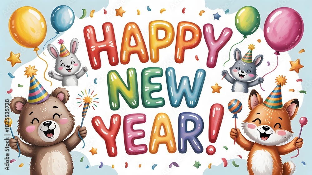 Fototapeta premium Happy new year celebration with cute animals, balloons and confetti isolated on white background