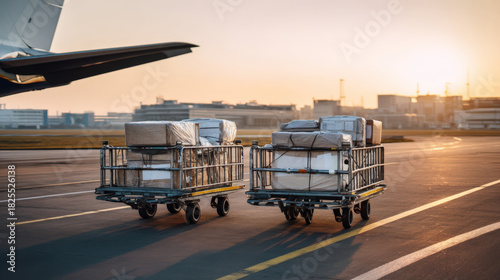 Cargo pallets loaded with packages are positioned on the tarmac near an aircraft, showcasing the logistics of air delivery and the efficiency of freight transport systems