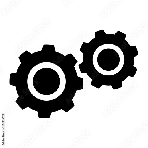 Two bold connected gears with balanced proportions, showing synchronized mechanical rotation. Ideal for automation themes, industrial systems, engineering functions, and digital interfaces.