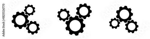 A three-gear mechanical set arranged in a dynamic rotational layout. Ideal for illustrating automation cycles, engineering mechanisms, industrial systems, and synchronized processes.