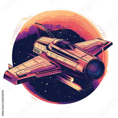 Retro colorful spaceship illustration, futuristic sci-fi galaxy travel, cartoon vector art design, fast speed technology exploration isolated