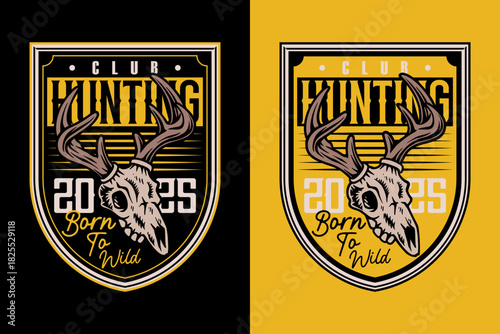 Vector Illustration of The Hunter Wildlife with Head Deer Skull Badge Logo. Great Outdoors and Adventure Gear with Vintage Illustration Suitable for Tshirt and Logo Design