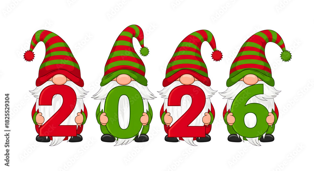Fototapeta premium Four festive gnomes displaying the year 2026