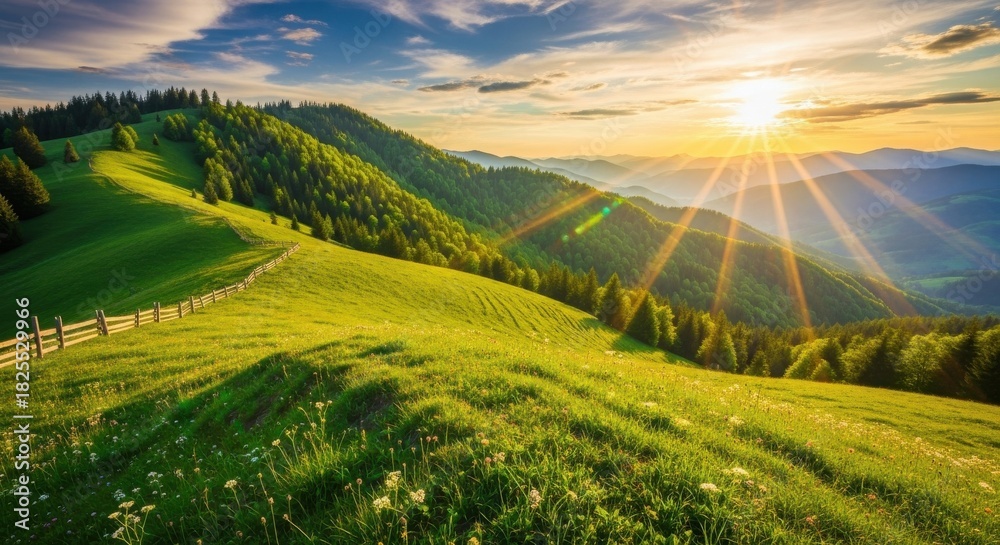 Fototapeta premium Vibrant green mountain pasture bathed in golden sunlight during a dramatic sunset, with rolling hills covered in dense forest stretching into the distant hazy horizon under a partly cloudy sky