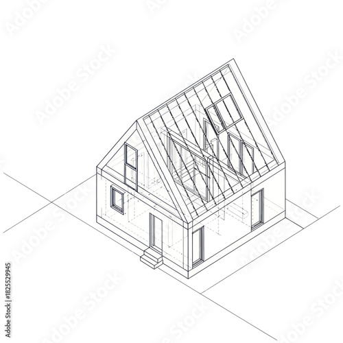 Architectural blueprint of a house under construction, showing roof trusses.