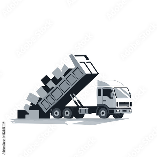 A stylized illustration depicts a dump truck in action, unloading its cargo against a clean white backdrop, emphasizing the concept of waste removal.