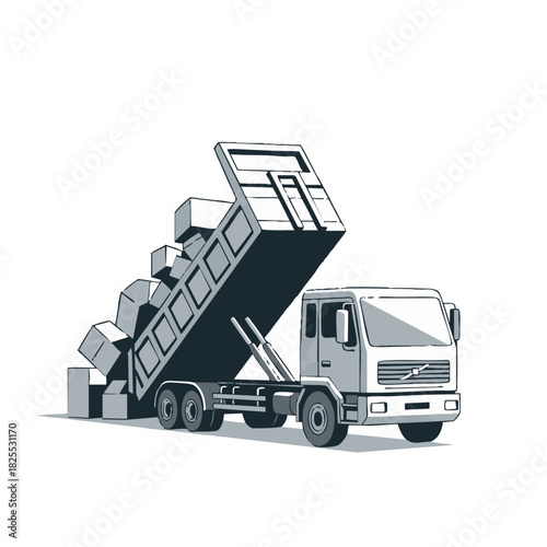A vector illustration depicts a dump truck unloading cargo, showcasing transportation and logistics with a clean, modern design on a white background.