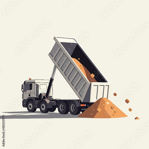A digital illustration depicts a dump truck unloading sand, showcasing construction and transportation concepts against a neutral background.