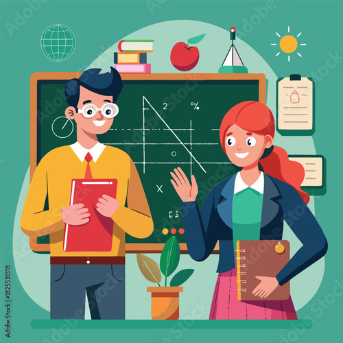 Colorful academic illustration featuring educators discussing scientific concepts while holding books and documents in a lively instructional environment.