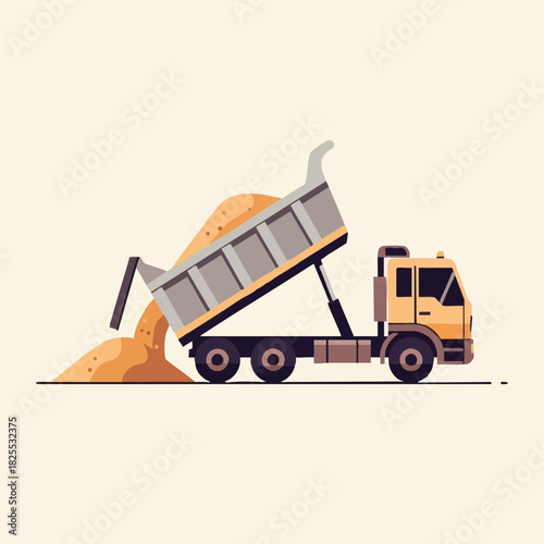 A vector illustration of a dump truck unloading sand, showcasing a simple design suitable for various construction and transportation-related projects.
