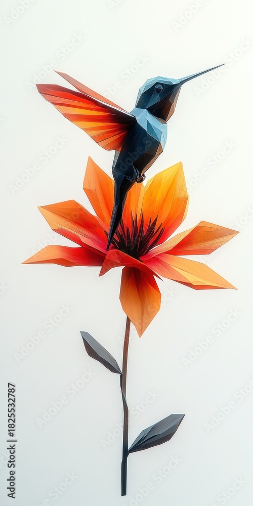 Naklejka premium geometric hummingbird hovering above a vibrant orange flower on a slender stem with leaves, minimalist white background, graceful and serene