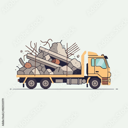 A yellow truck carries a heavy load of construction debris, including concrete blocks and metal rebar, against a simple, clean background.