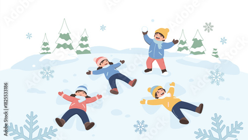Four happy children playing in the snow making snow angels.