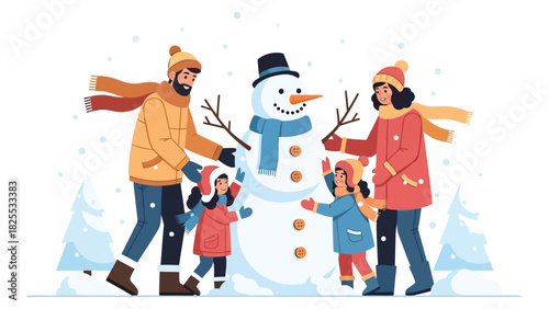 Happy family building a snowman together in winter.