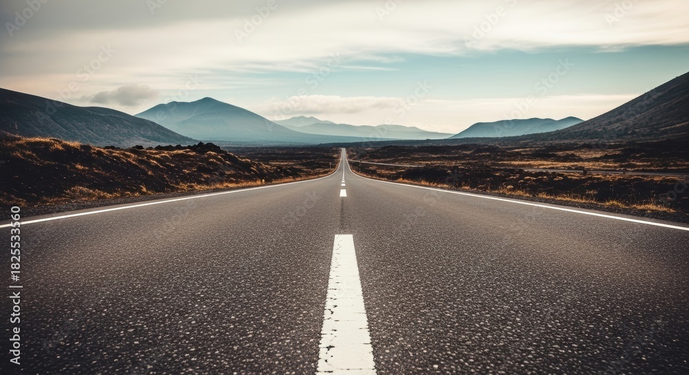 Naklejka premium An endless asphalt road stretches through a vast, arid landscape, leading towards a majestic mountain range on the horizon