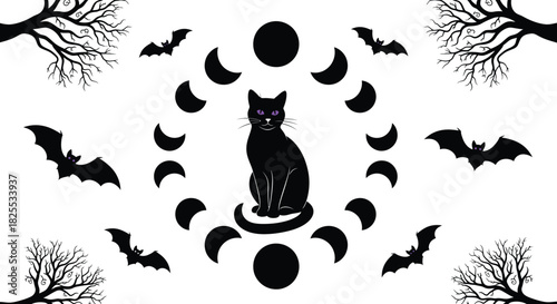 Elegant black cat with purple eyes sitting in a lunar cycle illustration