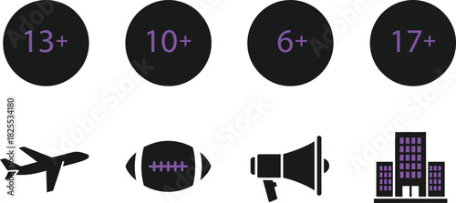 Icons of airline travel sports megaphone and modern city skyscrapers