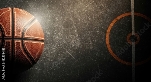 Weathered Orange Leather Basketball on a Dark Court with Circular Marking, Capturing the Essence of Basketball Passion