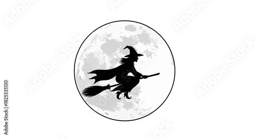 Enchanting Halloween night featuring a witch silhouette soaring across a full moon sky, perfect for spooky season designs and captivating holiday promotions