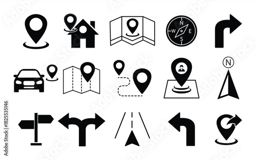 Modern editable thin line icon set for map location and navigation, featuring placemarks, pins, directions, share arrows and more, perfect for web and apps, vector illustration
