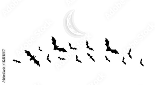 Spooky Halloween night with silhouette of bats flying against a bright moon, perfect for eerie seasonal designs and scary themed party invites