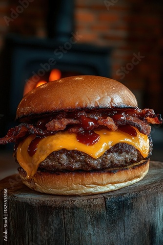 Juicy beef burger with melted cheddar, crispy bacon and barbecue sauce on a glossy brioche bun set on a rustic wooden stump with warm fireplace glow, indulgent and cozy
