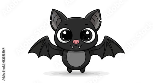 Adorable cartoon bat with big eyes flapping wings on white background, perfect for Halloween invitations and cute spooky designs for greeting cards