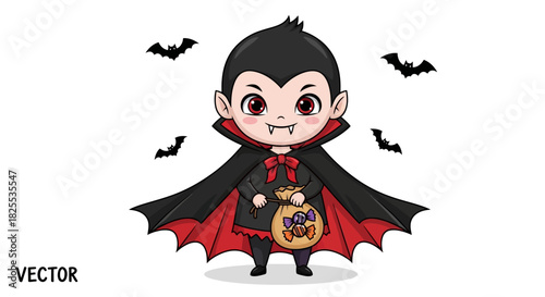 Adorable cartoon vampire with candy bag for Halloween fun, perfect for kids' parties and spooky season designs, a cute and playful trick or treat character