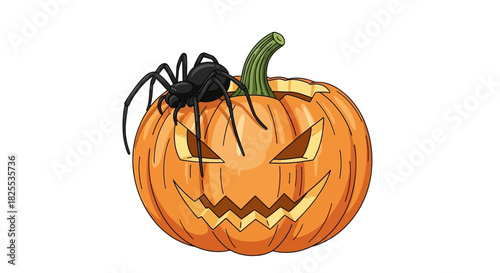 Spooky jack-o'-lantern with scary face and black spider creates a fun, festive Halloween vibe for seasonal decorations and holiday promotions