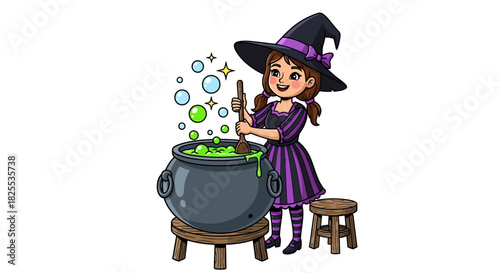 Enchanting witch stirring magical cauldron with bubbles, perfect for Halloween promotions and spooky season celebrations, a fun fantasy scene